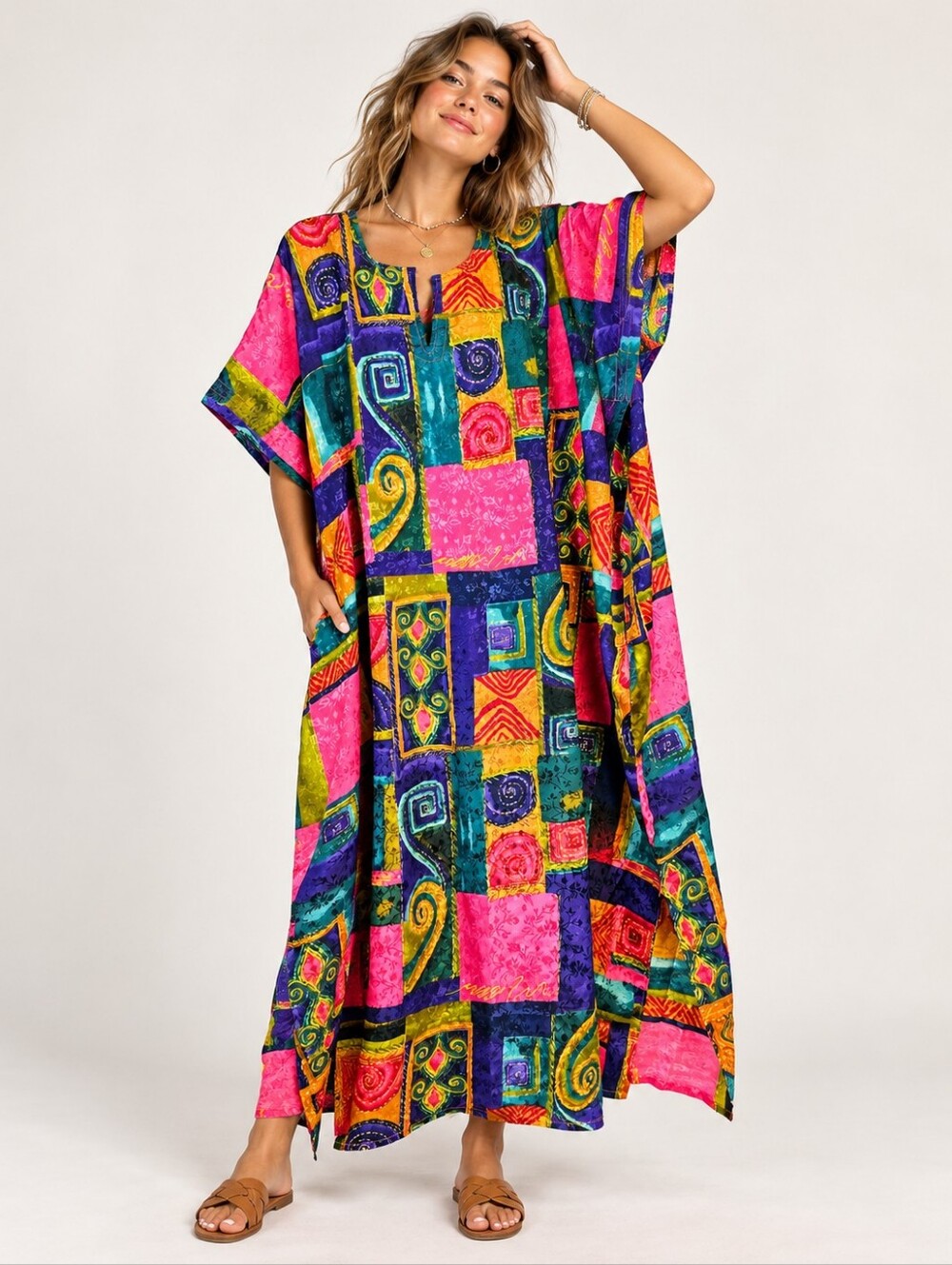 Vintage Penmans Multicolor Caftan One Size Flowy Abstract House Dress EUC